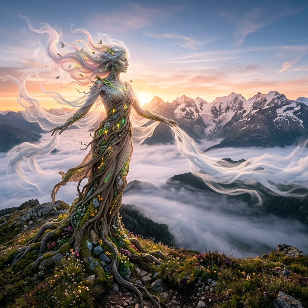 Hiker standing on rocky ridge overlooking fog-filled valley and snow-capped mountains at sunrise